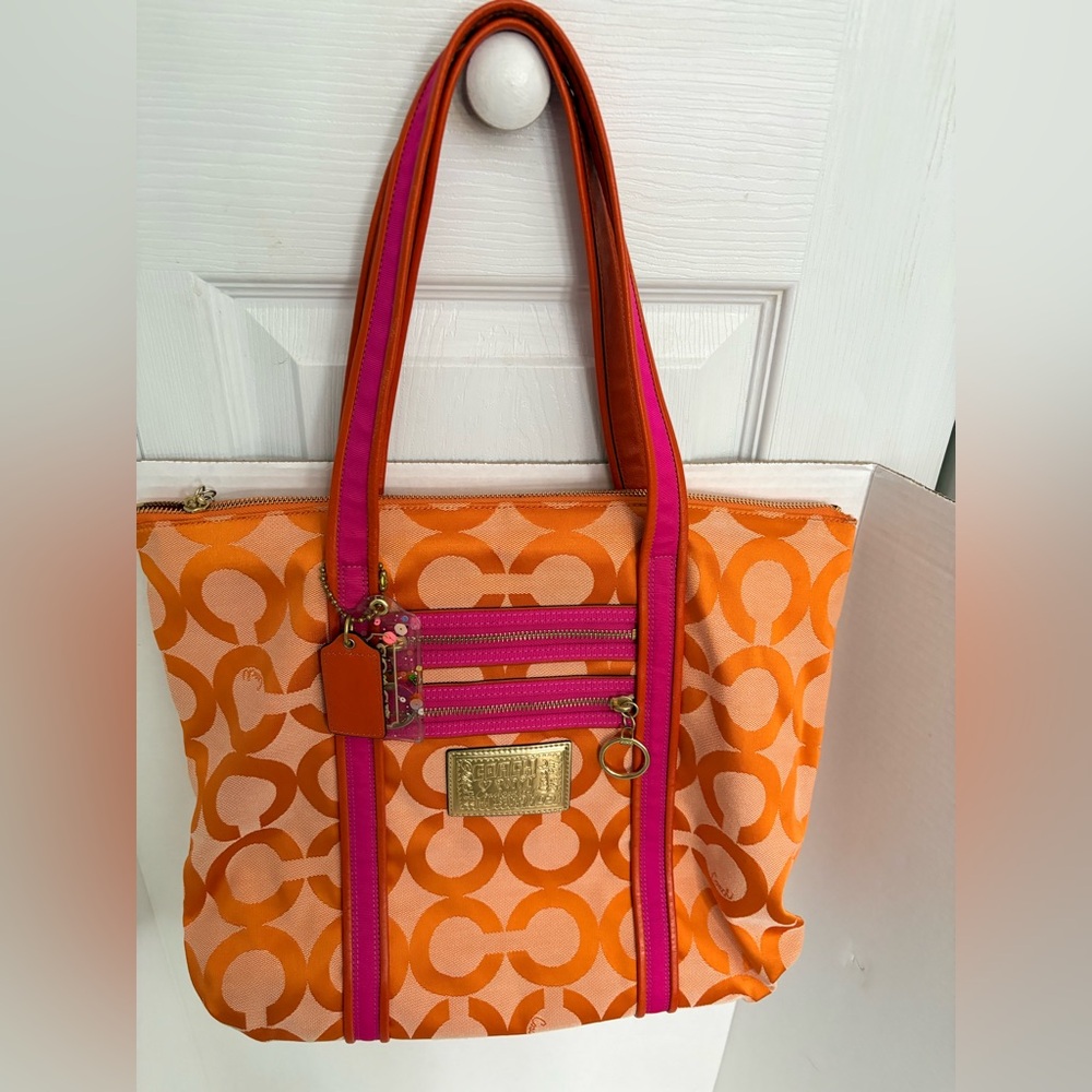 Coach poppy OP persimmon and fuschia canvas tote bag